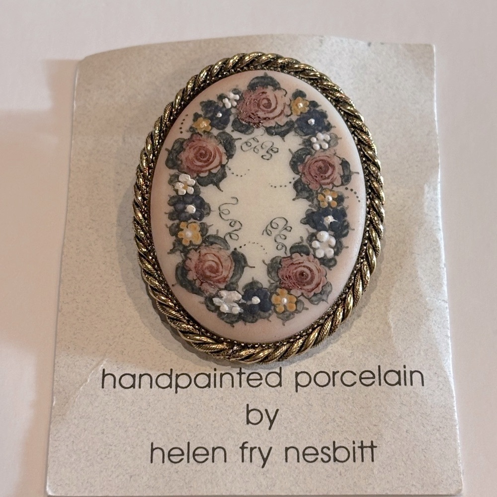 Handpainted Porcelain Brooch with Floral Design
